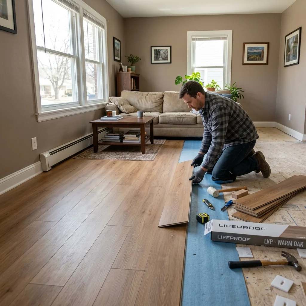 Flooring being installed in a living room