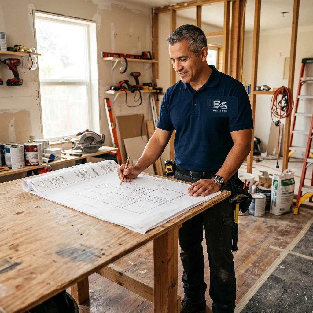 B and S Remodel contractor reviewing remodel plans in a home under renovation